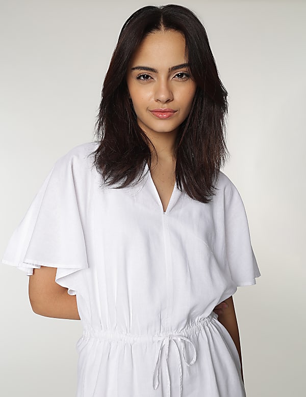 Linen Rich Slit Neck Kaftan Sleeves Dress