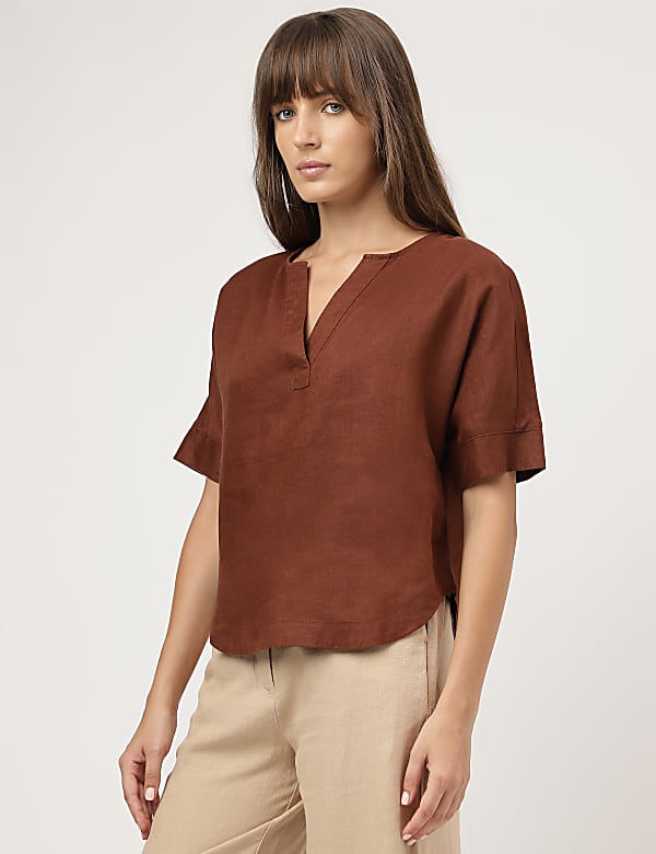 Pure Linen Plain Round Neck Blouse