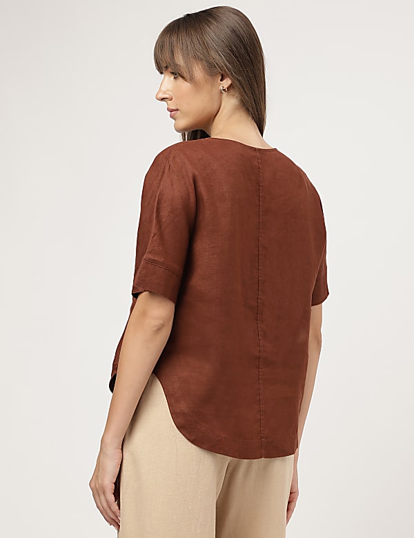 Pure Linen Plain Round Neck Blouse