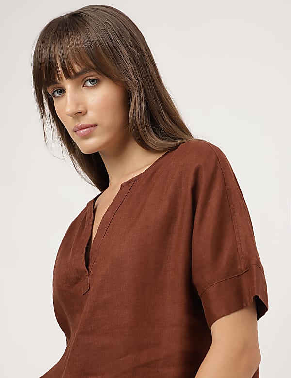 Pure Linen Plain Round Neck Blouse