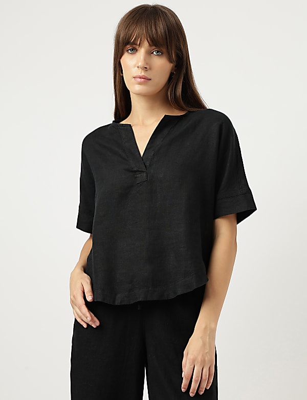 Pure Linen Plain Round Neck Blouse