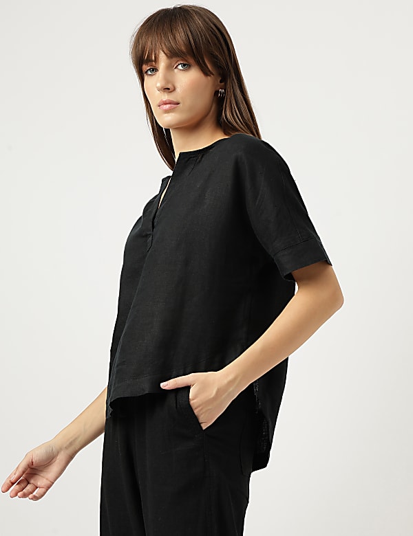 Pure Linen Plain Round Neck Blouse