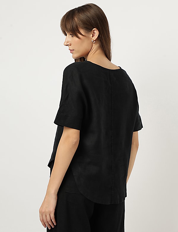 Pure Linen Plain Round Neck Blouse