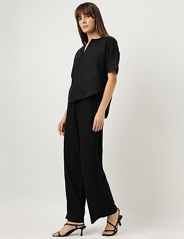 Pure Linen Plain Round Neck Blouse