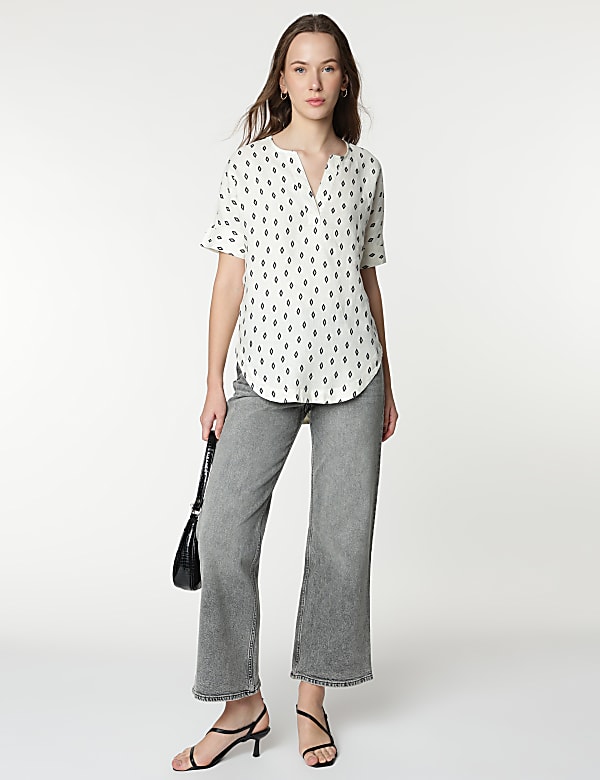 Pure Linen Geometric Print Half Sleeves Top