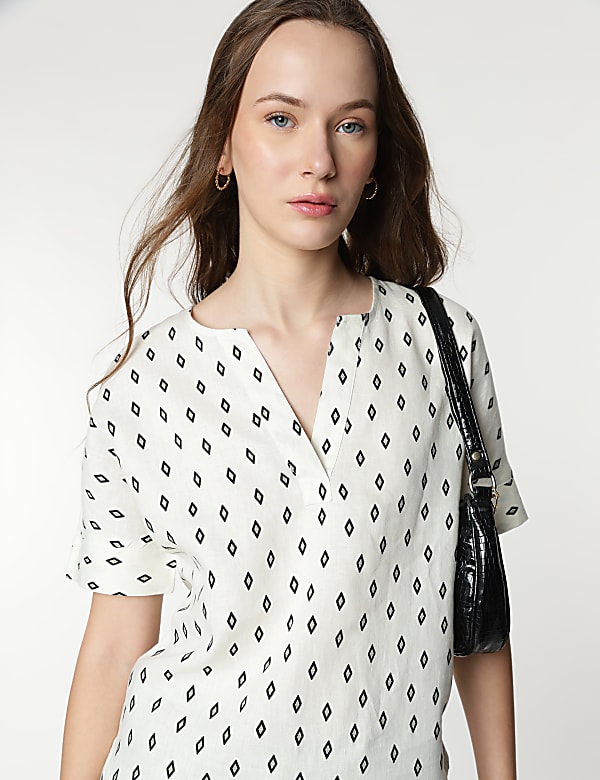 Pure Linen Geometric Print Half Sleeves Top