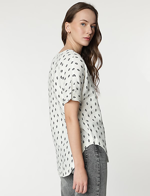 Pure Linen Geometric Print Half Sleeves Top