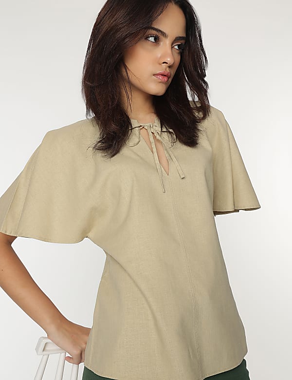 Linen Rich Flutter Sleeves Blouse