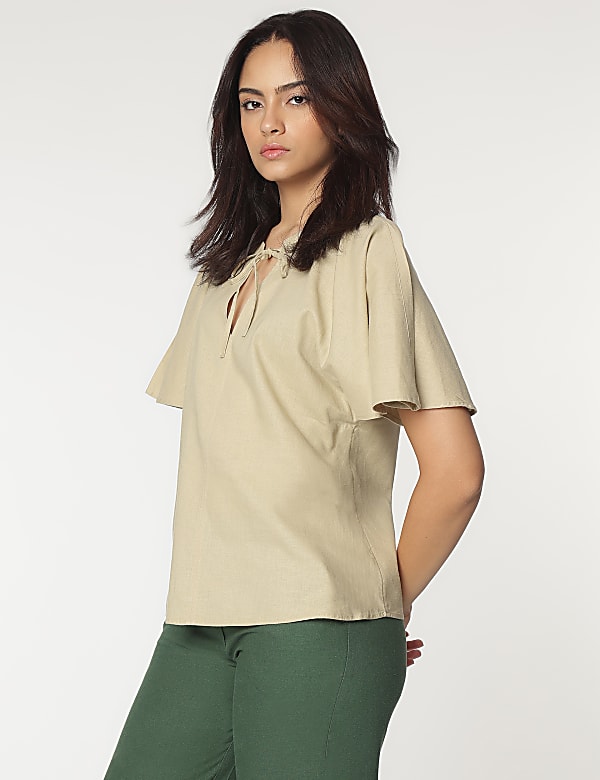 Linen Rich Flutter Sleeves Blouse