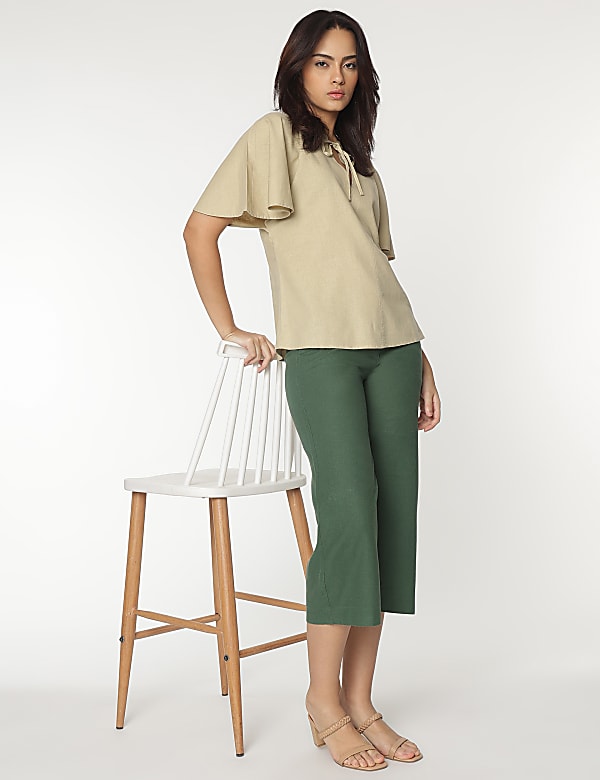 Linen Rich Flutter Sleeves Blouse