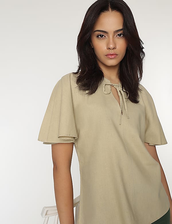 Linen Rich Flutter Sleeves Blouse