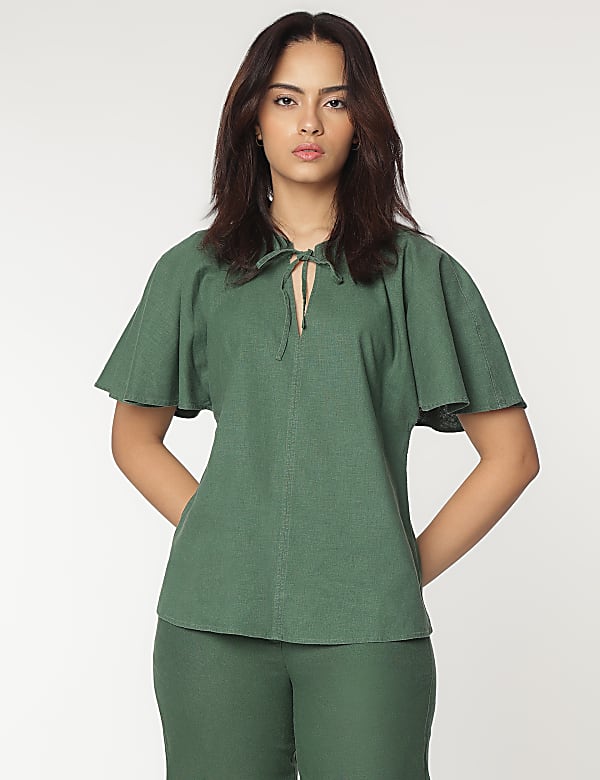 Linen Rich Flutter Sleeves Blouse