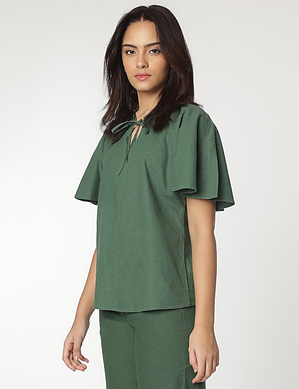 Linen Rich Flutter Sleeves Blouse