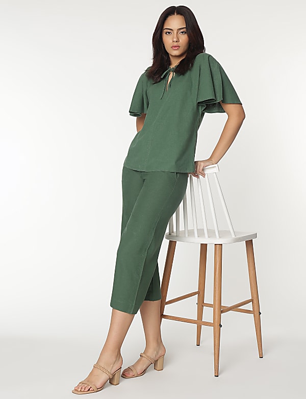 Linen Rich Flutter Sleeves Blouse