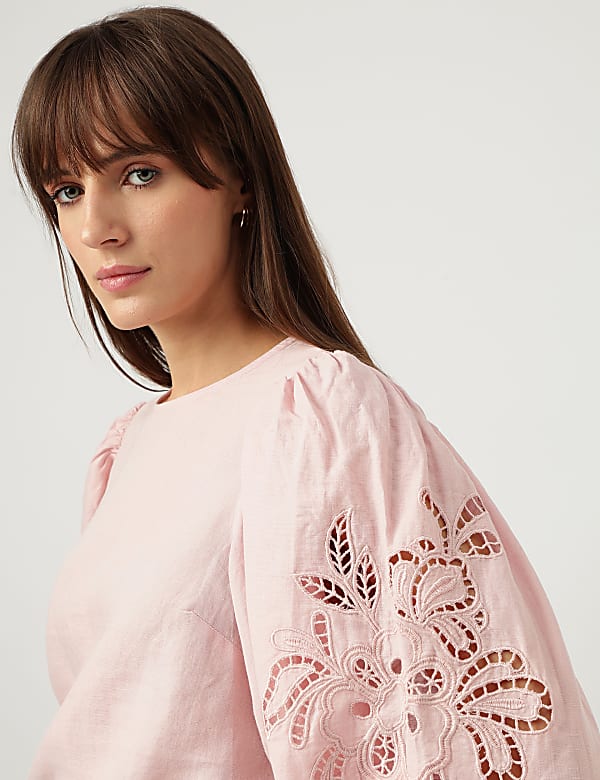 Linen Mix Schiffli Embroidery Blouse