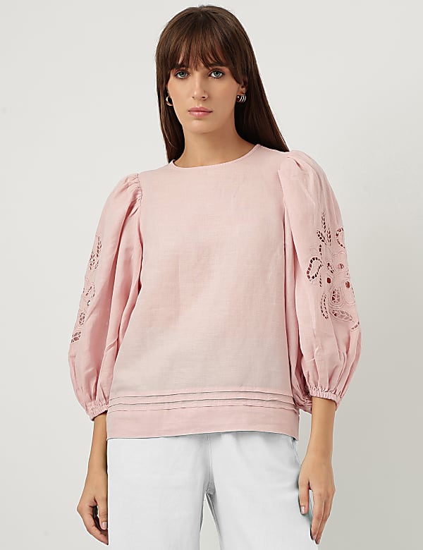 Linen Mix Schiffli Embroidery Blouse