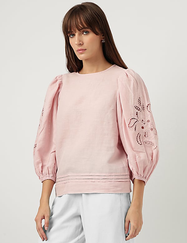 Linen Mix Schiffli Embroidery Blouse