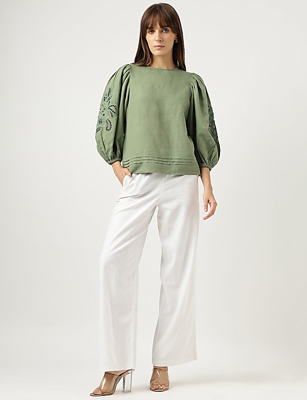 Linen Mix Schiffli Embroidery Blouse