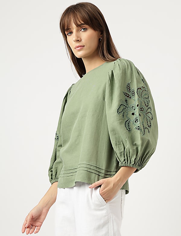 Linen Mix Schiffli Embroidery Blouse
