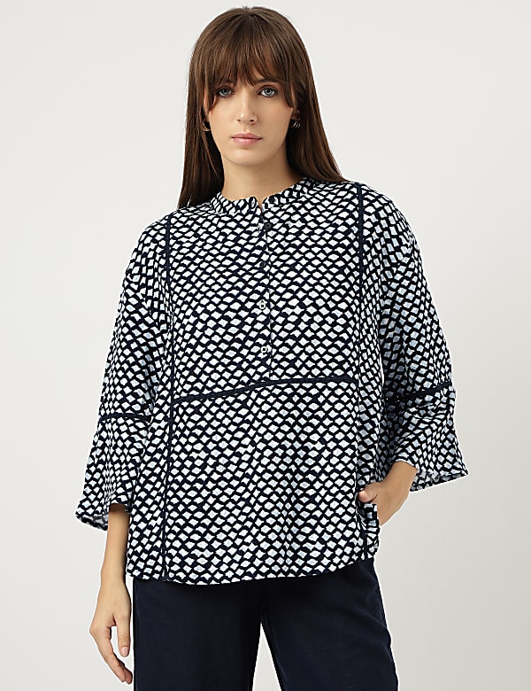 Linen Rich Tie-Dye Mandarin Collar Top