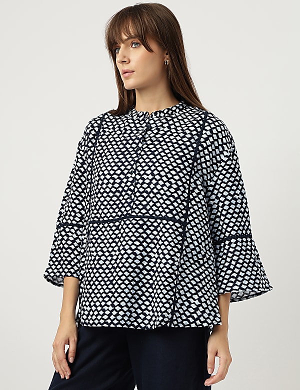Linen Rich Tie-Dye Mandarin Collar Top