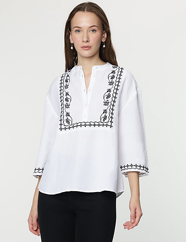 Linen Mix Embroidered Mandarin Collar Tunic
