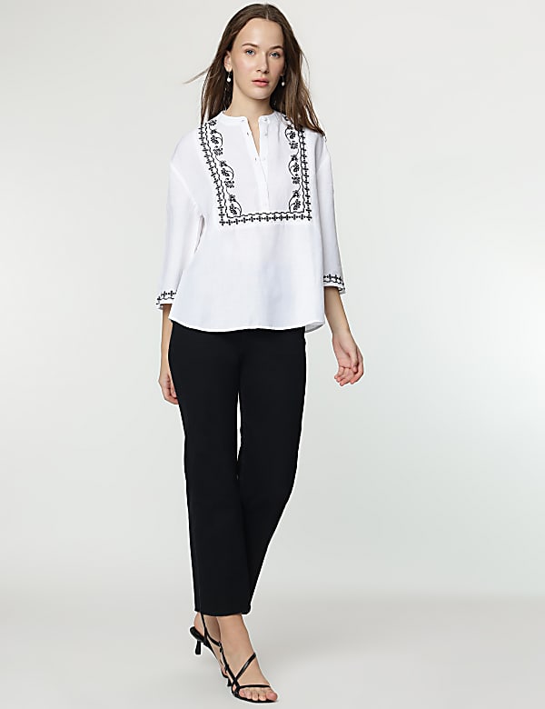 Linen Mix Embroidered Mandarin Collar Tunic