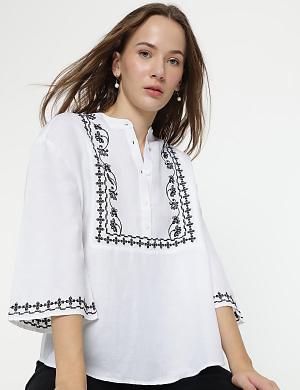 Linen Mix Embroidered Mandarin Collar Tunic