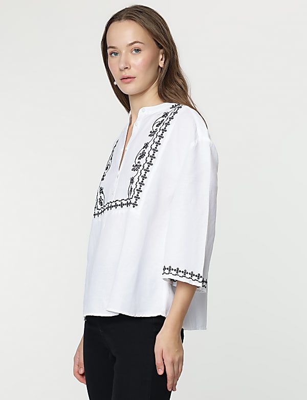 Linen Mix Embroidered Mandarin Collar Tunic