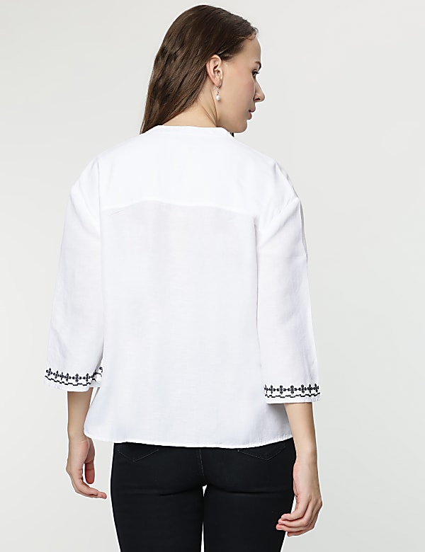 Linen Mix Embroidered Mandarin Collar Tunic