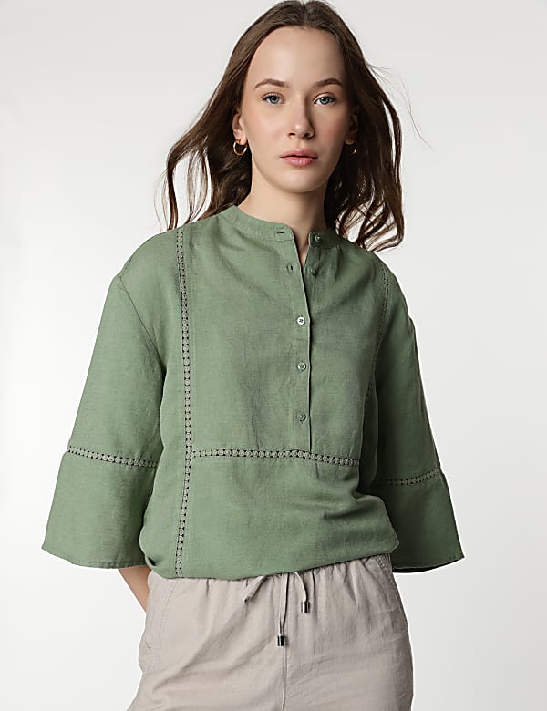 Linen Rich Embroidered Bell Sleeves Tunic
