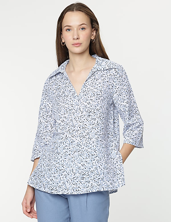 Linen Mix Printed 3/4 Sleeves Top