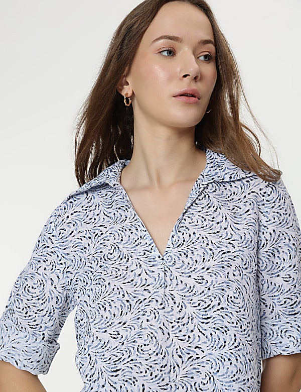 Linen Mix Printed 3/4 Sleeves Top