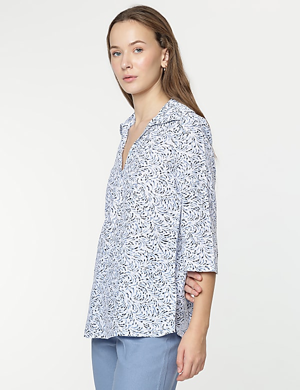 Linen Mix Printed 3/4 Sleeves Top