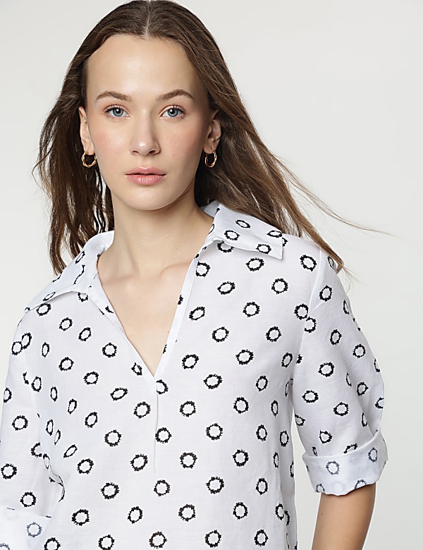 Linen Rich Abstract Print 3/4 Sleeves Top