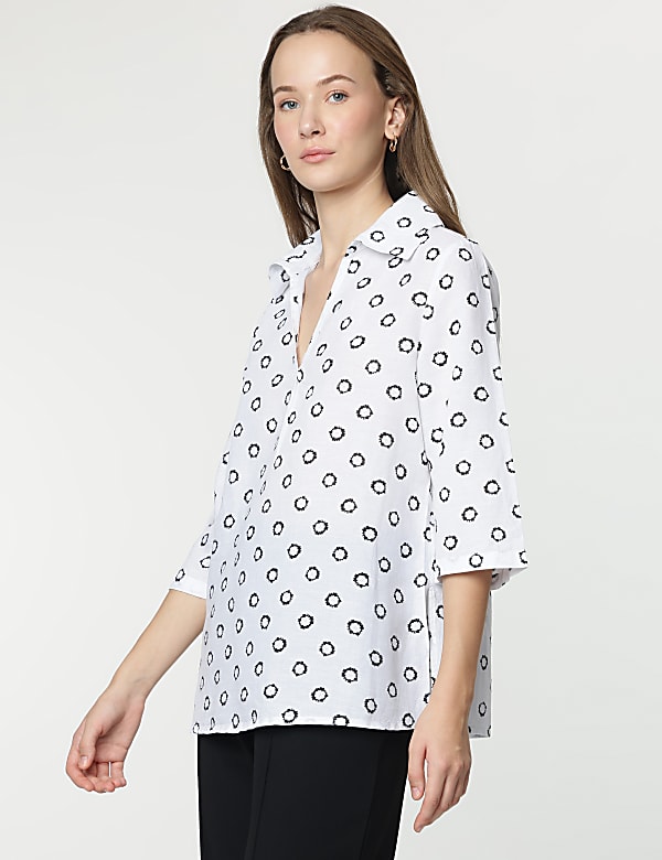 Linen Rich Abstract Print 3/4 Sleeves Top