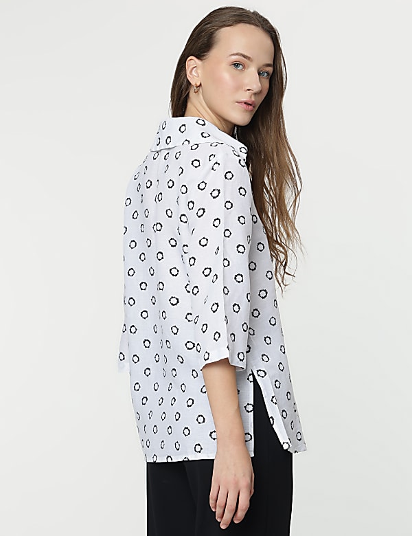 Linen Rich Abstract Print 3/4 Sleeves Top