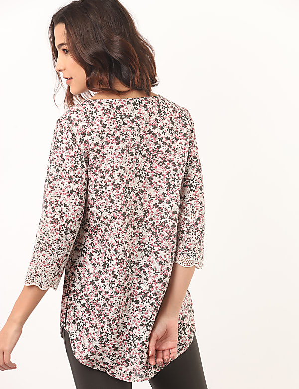 Linen Mix Floral Print Keyhole Neck Top