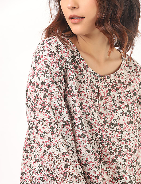 Linen Mix Floral Print Keyhole Neck Top