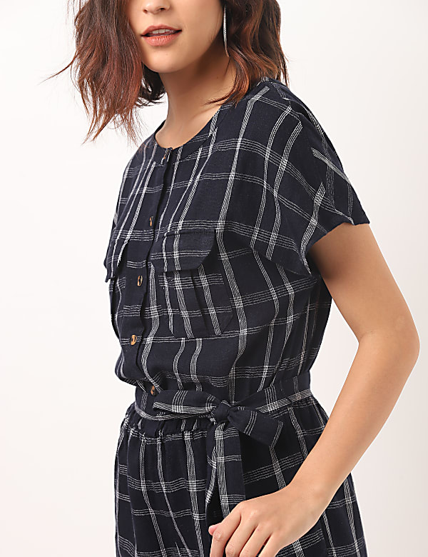 Flax Linen Mix Checks Round Neck Playsuit
