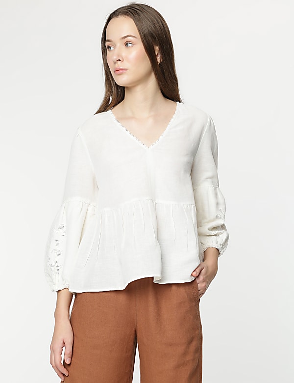 Linen Mix Embroidery Bishop Sleeves Blouse