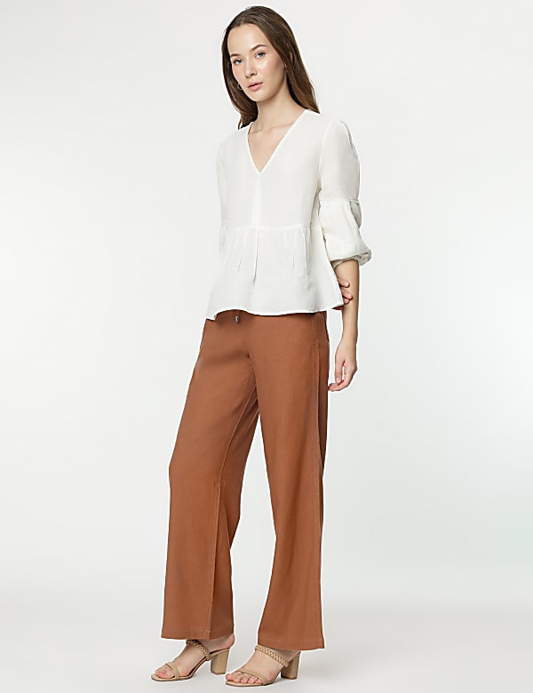Linen Mix Embroidery Bishop Sleeves Blouse