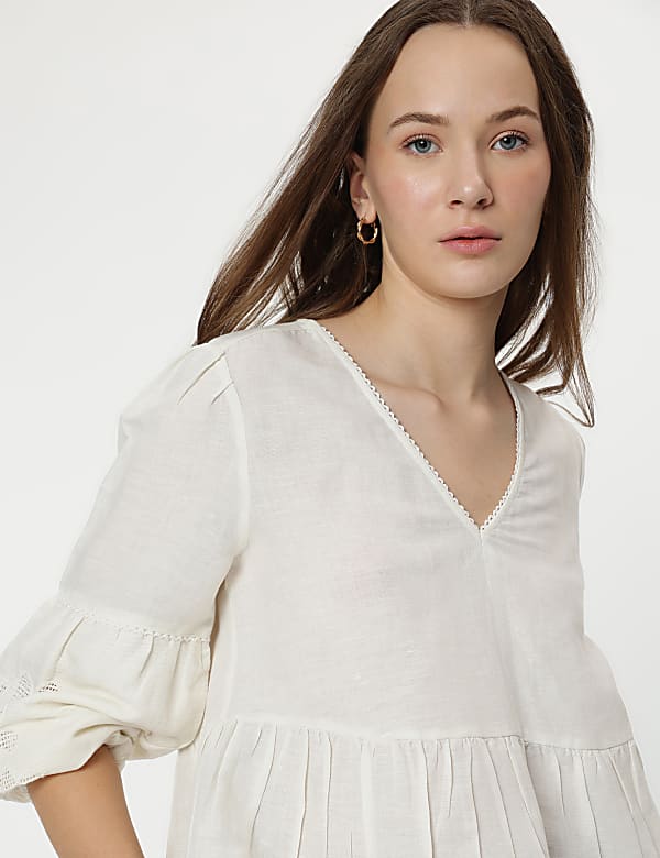 Linen Mix Embroidery Bishop Sleeves Blouse