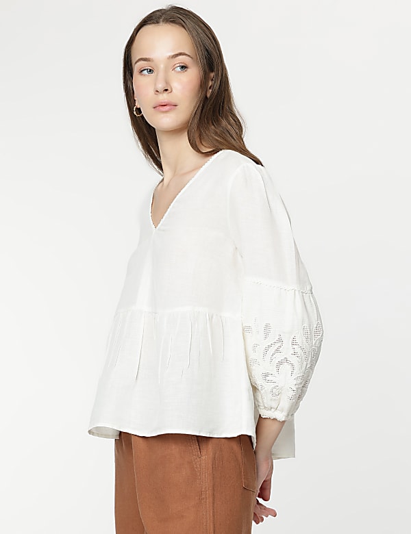 Linen Mix Embroidery Bishop Sleeves Blouse