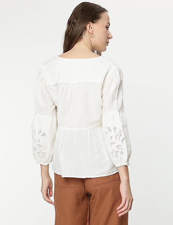Linen Mix Embroidery Bishop Sleeves Blouse