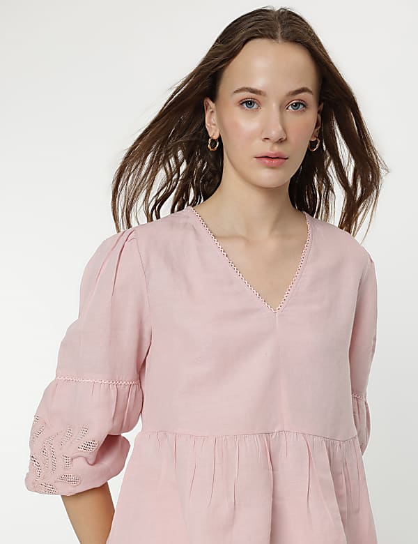 Linen Mix Embroidery Bishop Sleeves Blouse