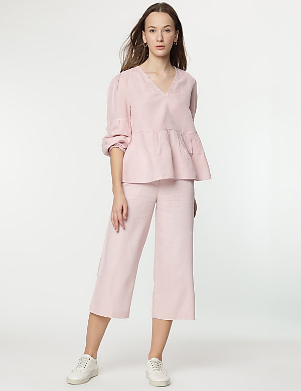 Linen Mix Embroidery Bishop Sleeves Blouse