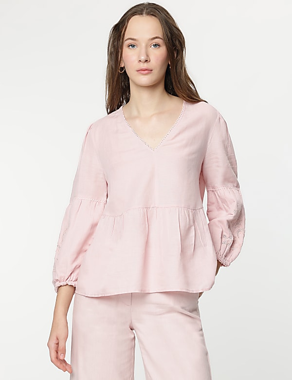 Linen Mix Embroidery Bishop Sleeves Blouse