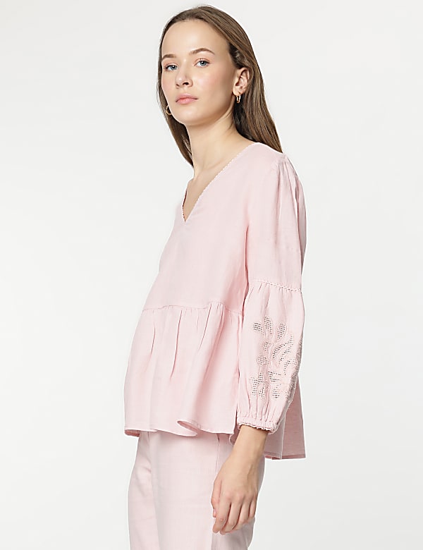 Linen Mix Embroidery Bishop Sleeves Blouse