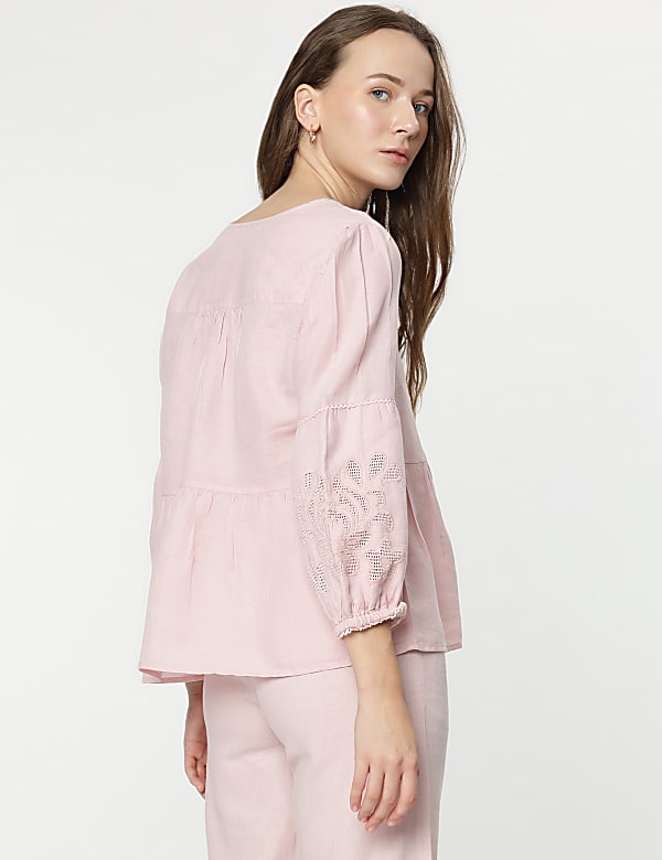 Linen Mix Embroidery Bishop Sleeves Blouse